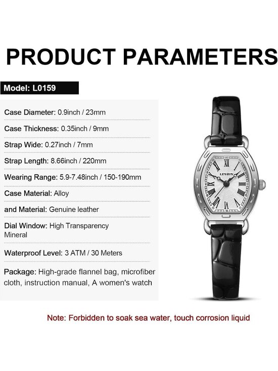 Ln Lenqin Womens Black And Silver Analog Quartz Leather Strap Waterproof Watch main image 6